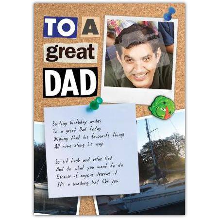 Personalised Great Dad Photo Birthday Card with Corkboard Design and Message