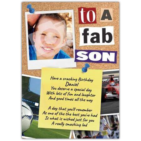 Personalised To A Fab Son Photo Birthday Card with Sports and Racing Design