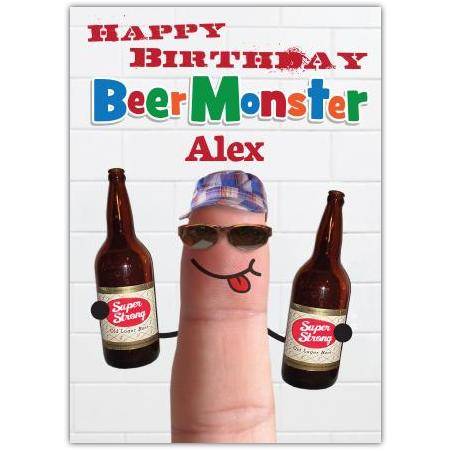Personalised Beer Monster Birthday Card with Fun Finger Character and Beer Bottles