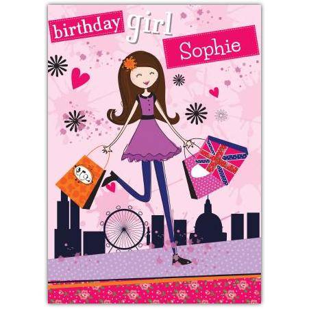 Personalised Birthday Card for Girl Shopper with Cityscape Design and Custom Name