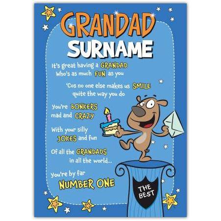 Personalised Number One Grandad Birthday Card with Humorous Dog Design and Fun Poem