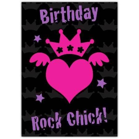 Rock Chick Birthday Card with Pink Heart Crown and Wings Design