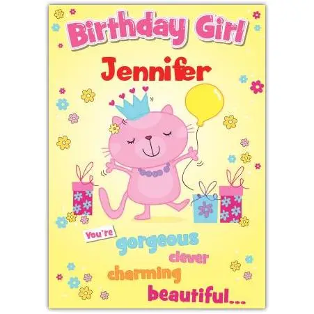 Personalised Birthday Girl Card with Charming Pink Cat and Colourful Gift Design