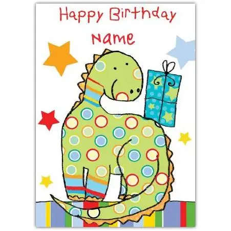 Personalised Colourful Dinosaur Happy Birthday Card for Kids with Stars and Gift Design