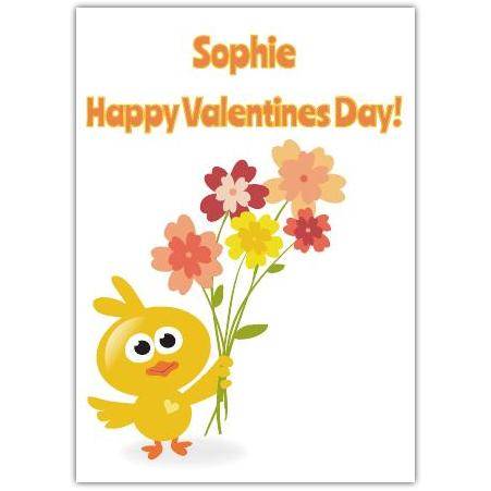 Personalised Valentine's Day Card with Cute Chick Holding Flowers for Her