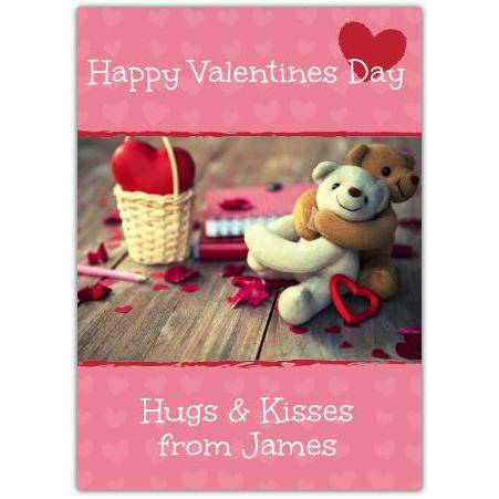Personalised Happy Valentines Day Hugs and Kisses Card with Teddy Bears and Heart
