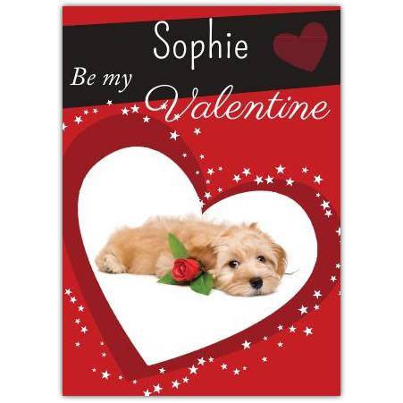 Personalised Be My Valentine Dog Lying Down Love Heart Card with Rose