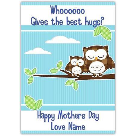 Personalised Happy Mothers Day Card with Owls and Best Hugs Design