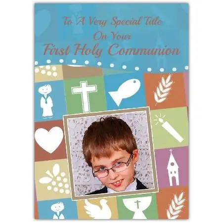 Personalised Blue First Holy Communion Photo Card with Religious Symbols