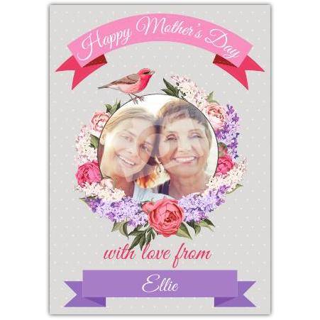 Personalised Happy Mothers Day Photo Card with Floral Wreath and Bird Design