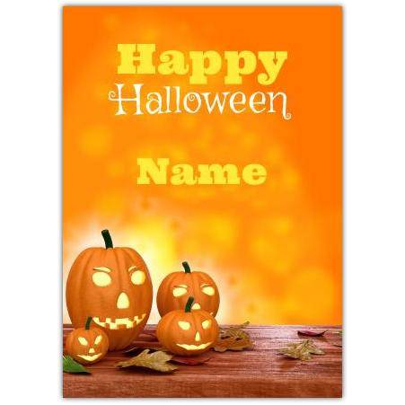 Personalised Happy Halloween Card with Four Carved Pumpkins and Autumn Leaves