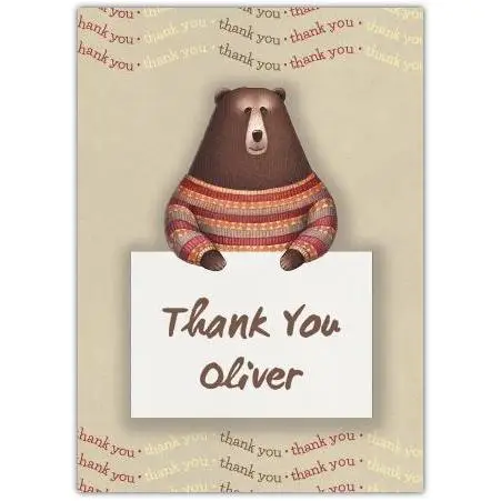 Personalised Thank You Card with Bear Holding Sign Design in Colourful Jumper