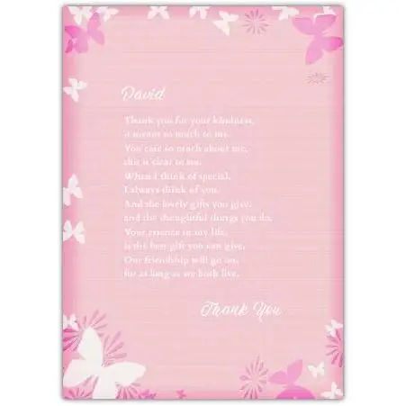 Personalised Pink Thank You Card for Kindness with Butterfly Design