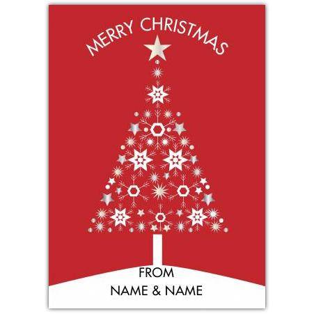 Personalised Red Christmas Card with Starry Tree Design and Customisable Names