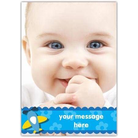 Personalised Baby Photo Card with Blue Airplane Design for Newborn or Christening