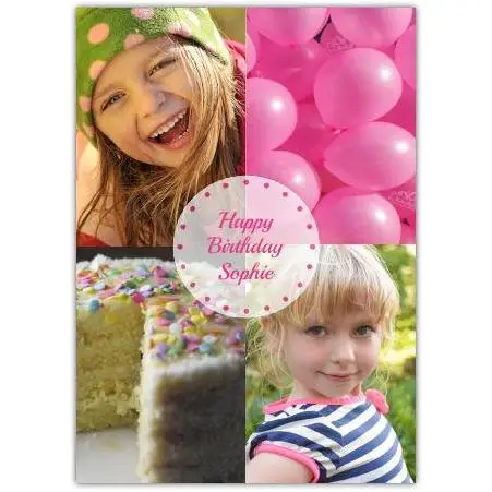 Personalised Two Photo Birthday Card with Balloons and Cake Design