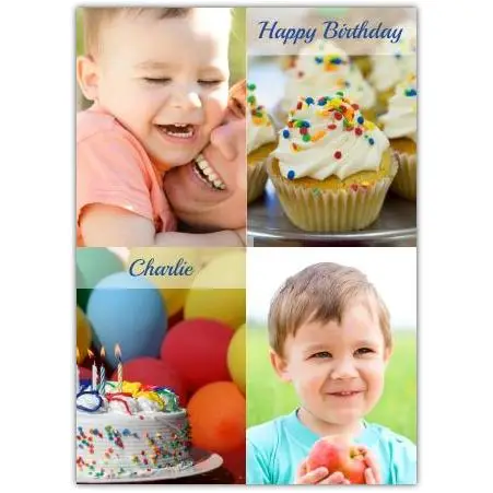Personalised Happy Birthday Card with Two Photo Collage Cake and Cupcake Design
