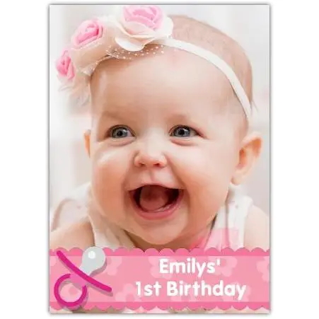 Personalised Baby Girl First Birthday Card with Pink Soother Design