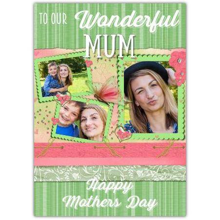 Personalised Three Photo Wonderful Mum Mothers Day Card with Floral Design