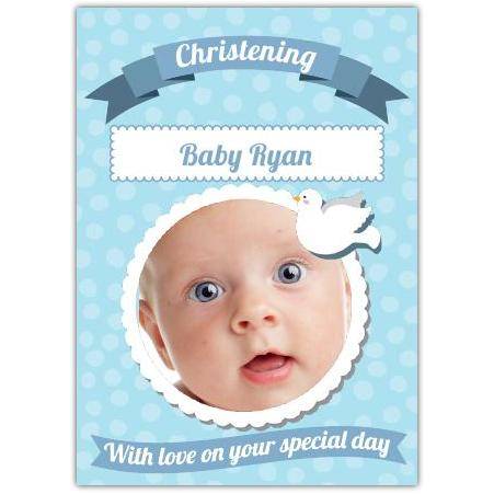 Christening Blue Baby Photo Greeting Card Personalised New Baby Blessing Design