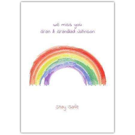 Personalised We Miss You Stay Safe Card with Hand Painted Rainbow Design
