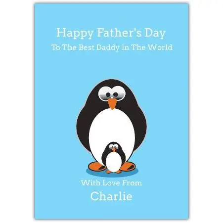 Personalised Penguin Dad and Child Fathers Day Card with Custom Name on Blue Background