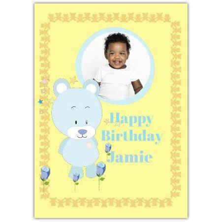 Personalised Photo Blue Bear Happy Birthday Card for Children with Yellow Background