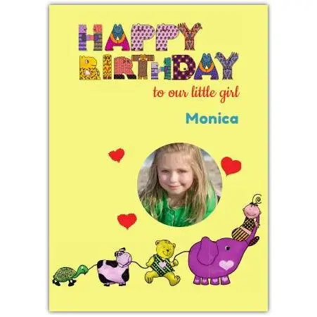 Personalised Happy Birthday Card for Little Girl with Photo and Colourful Animal Design