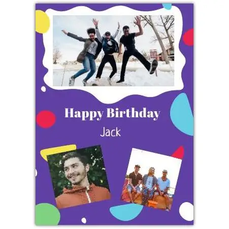 Personalised Boys Birthday Card with Three Photo Collage and Custom Name on Purple Background