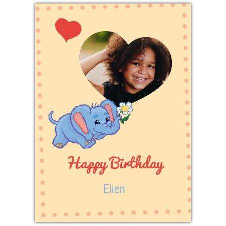Personalised Cute Blue Elephant Photo Birthday Card with Heart Frame and Name Option