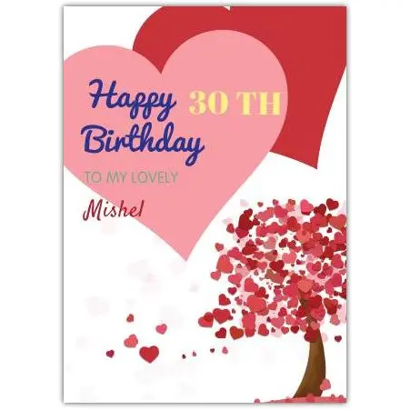 30th Birthday Card with Pink and Red Heart Tree Design for Her