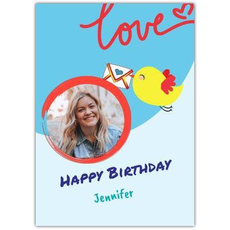 Personalised Happy Birthday Card with Flying Bird and Photo Upload on Blue Background