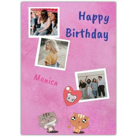Personalised Happy Birthday Card with Two Cute Cats and Mouse Balloon Photo Upload Option
