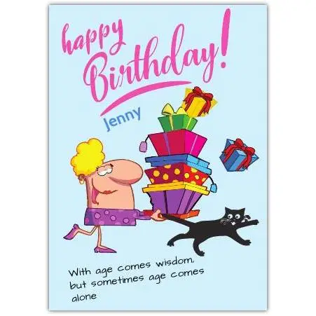 Funny Birthday Card Personalised Lady Carrying Presents Chased by Cat Design