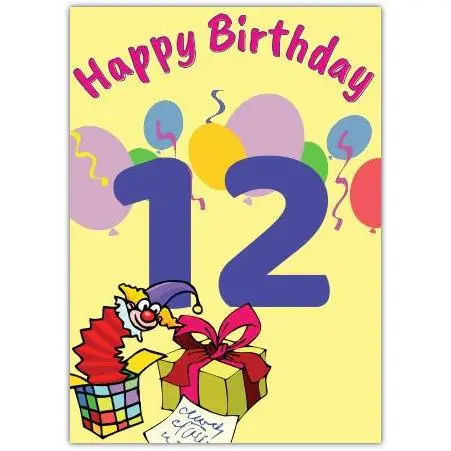 Happy 12th Birthday Card with Colourful Balloons and Presents for Boys and Girls