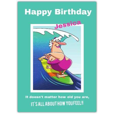 Funny Happy Birthday Card for Older Women Surfing Personalised Names Option