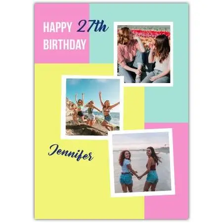Personalised Age Birthday Card with 3 Photo Uploads in Pink Yellow and Green for Girls