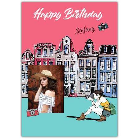 Personalised Happy Birthday Card with Town Illustration and Photo for Girls