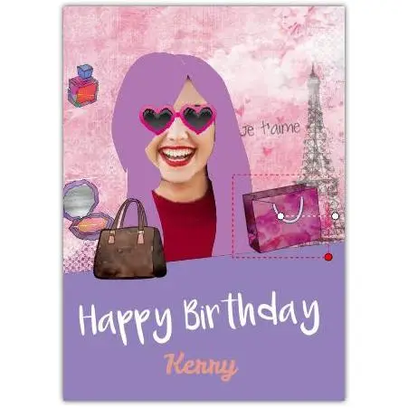 Personalised Happy Birthday Card for Girls with Shopping Bags and Eiffel Tower Design