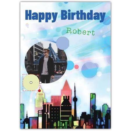Personalised Urban Skyline Boys Birthday Card with Photo and Name Customisation