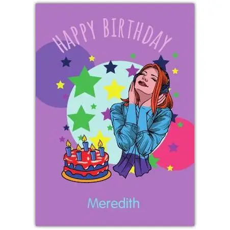Personalised Happy Birthday Card for Girl Listening to Music with Cake Illustration