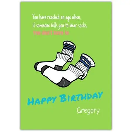 Humorous Happy Birthday Card with Illustrated Socks and Personalised Name Option