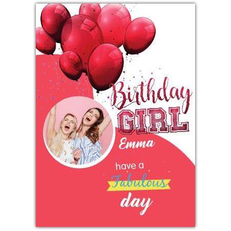 Personalised Happy Birthday Girl Card with Pink Balloons and Photo Upload Option