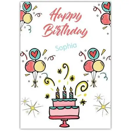 Personalised Happy Birthday Card with Cake, Balloons and Streamers for Girls