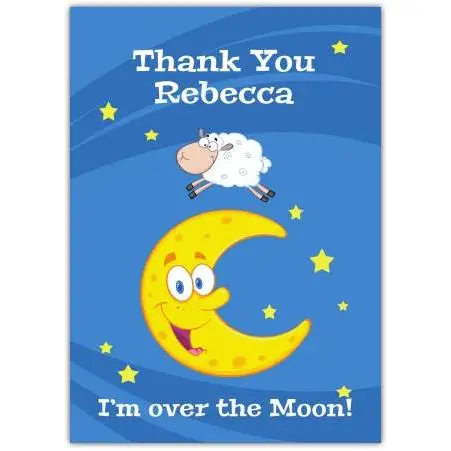 Personalised Over The Moon Thank You Card with Cartoon Sheep and Moon Design