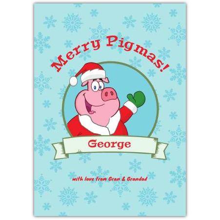 Personalised Merry Pigmas Christmas Card with Santa Pig and Snowflake Design