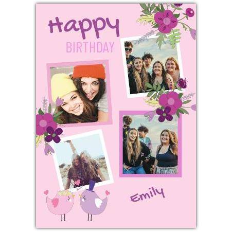 Personalised Pink Birthday Card with 4 Photos Birds Kissing and Floral Design for Girls