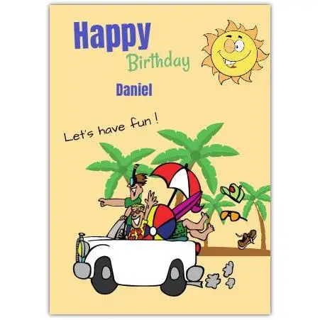 Personalised Boys Happy Birthday Beach Fun Card with Sun and Car Design