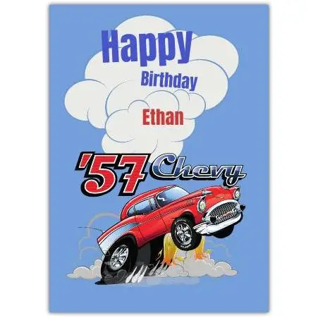 Personalised 57 Chevy Birthday Card for Boys with Classic Car Design on Blue Background