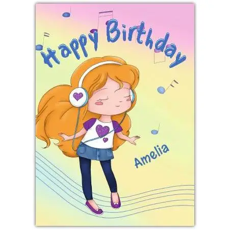 Personalised Happy Birthday Card for Teenage Girl with Headphones and Music Design